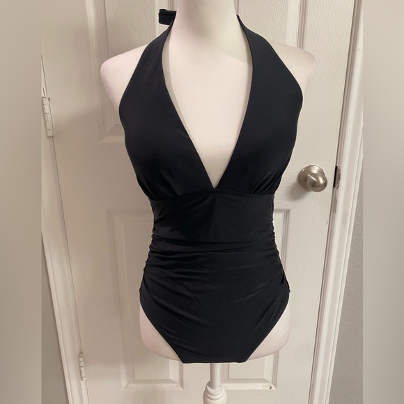 DKNY Solid Black Halter Deep V-Neck One-Piece Bathing Suit Ruched Medium - Picture 2 of 10